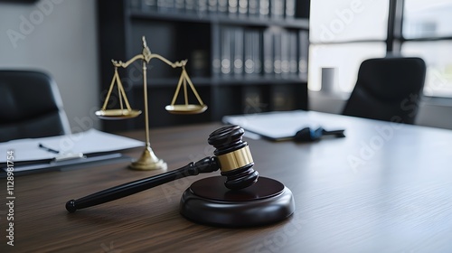 Judge's gavel on dark oak table in office It has a legal message and a level of justice. photo