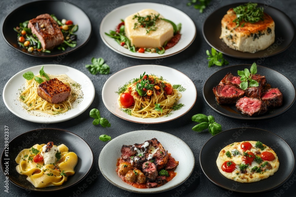 Nine gourmet dishes steak, pasta, and cheese, artfully arranged on black plates against a dark background. Nine gourmet dishes steak, pasta, and cheese, artfully arranged on black plates against a dark background.