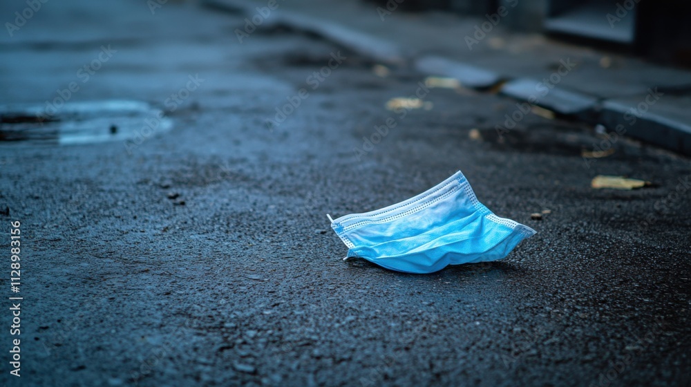 A discarded face mask on an empty street, Reflecting the ongoing impact of the pandemic, minimalistic composition A discarded face mask on an empty street, Reflecting the ongoing impact of the pandemic, minimalistic composition
