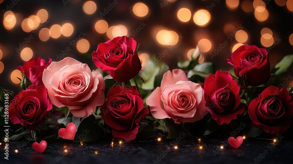 A romantic close-up of red and pink roses intertwined with delicate fairy lights, with soft bokeh effects in the background and subtle heart-shaped reflections A romantic close-up of red and pink roses intertwined with delicate fairy lights, with soft bokeh effects in the background and subtle heart-shaped reflections