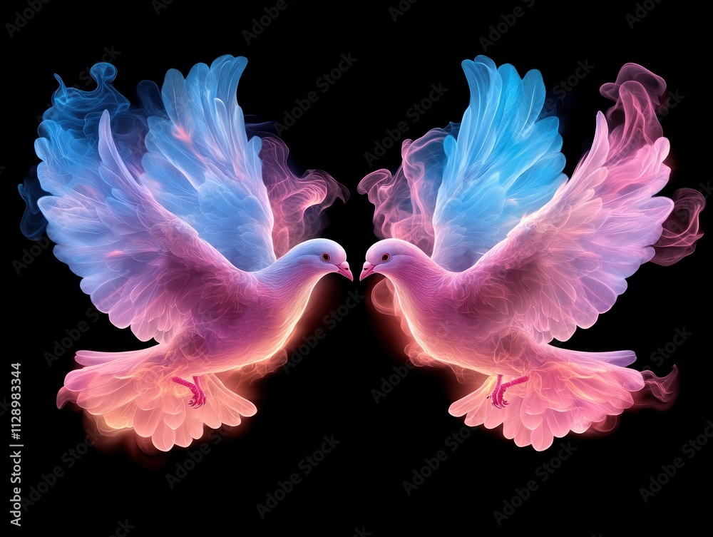 A pair of glowing doves in flight, symbolizing empathy, peace, and kindness ethereal artwork depicting two luminous doves soaring through the night sky, their wings ablaze with vibrant pink and blue A pair of glowing doves in flight, symbolizing empathy, peace, and kindness ethereal artwork depicting two luminous doves soaring through the night sky, their wings ablaze with vibrant pink and blue