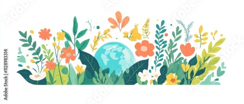 Vibrant Floral Earth Day Illustration with Blooming Flowers and Lush Greenery