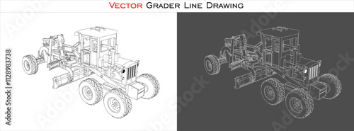 motor grader heavy equipment vector illustration, blueprint technical drawing. isolated on transparent background