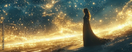 A Reflective Figure Stands on a Glowing Beach, Embracing Mindfulness and Clarity An ethereal image depicting a woman on a shore with luminous waves, symbolizing inner peace, connection to nature's photo