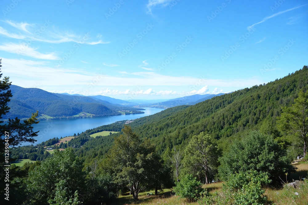 Rural landscape valley hills lake foliage sky water reflection Rural landscape valley hills lake foliage sky water reflection