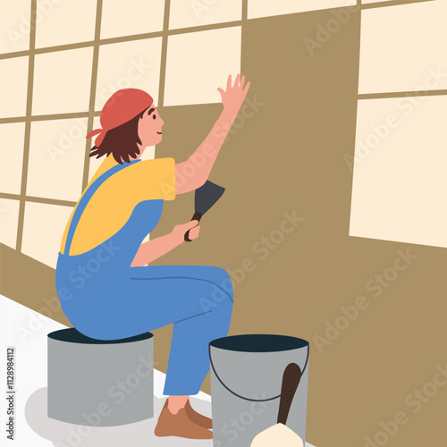 Tile laying during home repair and renovation. Tiler, repairman in bathroom. Builder installing, fixing on wall. Hand drawn vector illustration.