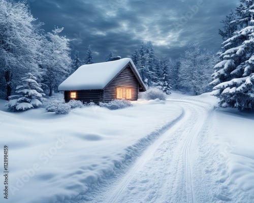 A serene snowy landscape, a glowing wooden cabin nestled amidst snow-covered pines, symbolizes comfort, warmth, and empathy a peaceful winter scene perfect for holiday cards, winter wonderland