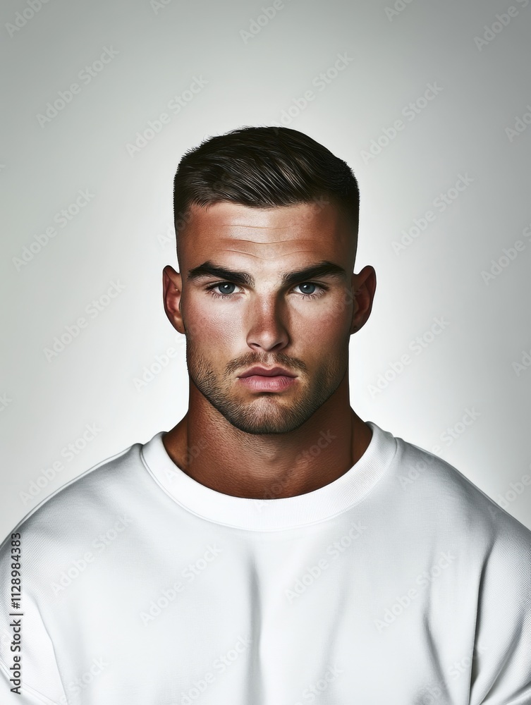 A serious-looking young man poses against a neutral background, wearing a plain white shirt, his expression reflecting contemplation or introspection, engaging the viewer. A serious-looking young man poses against a neutral background, wearing a plain white shirt, his expression reflecting contemplation or introspection, engaging the viewer.