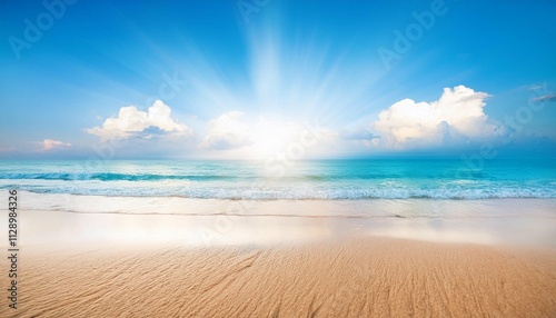 abstract blur defocused background nature of tropical summer beach with rays of sun light golden sand beach sea water against blue sky with white clouds copy space summer vacation conc generative ai