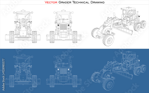 vector Grader line art draw blueprint wireframe from all view top corner side back isolated in transparent background
