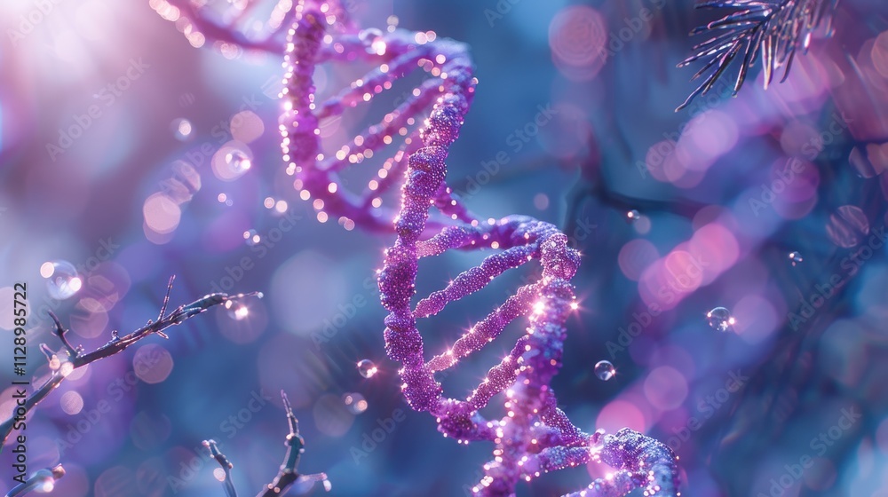 Elegant spiral of rainbow DNA double helix with light bokeh and bubbles, creating a serene blue scene Elegant spiral of rainbow DNA double helix with light bokeh and bubbles, creating a serene blue scene