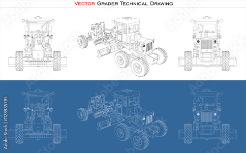 Set Grader line draw blueprint wireframe from all view  front, side and back isolated in transparent background