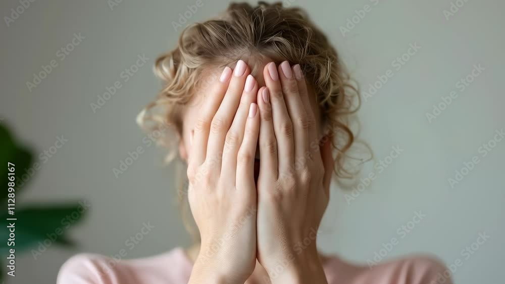 Shy Woman with Curly Hair Covers Her Face with Hands, Expressing Emotion and Shyness with Pink Nails Shy Woman with Curly Hair Covers Her Face with Hands, Expressing Emotion and Shyness with Pink Nails