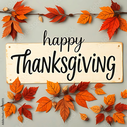 happy thanksgiving banner with dried leaves decoration