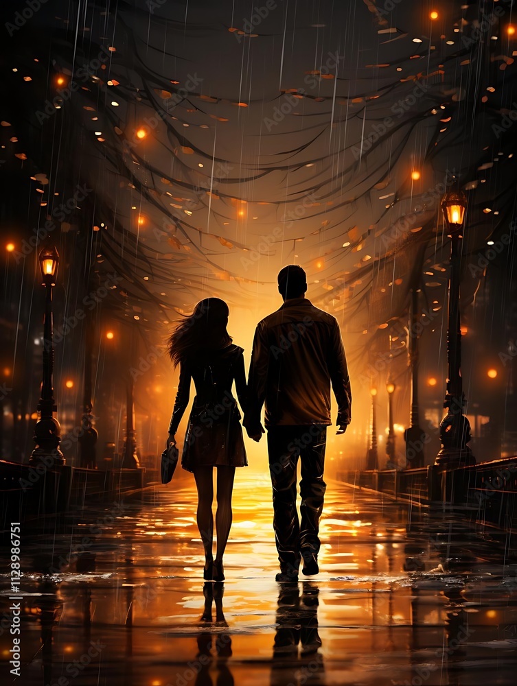 Silhouetted couple holding hands, walking away down a rain-soaked, lamplit street at night. Silhouetted couple holding hands, walking away down a rain-soaked, lamplit street at night.