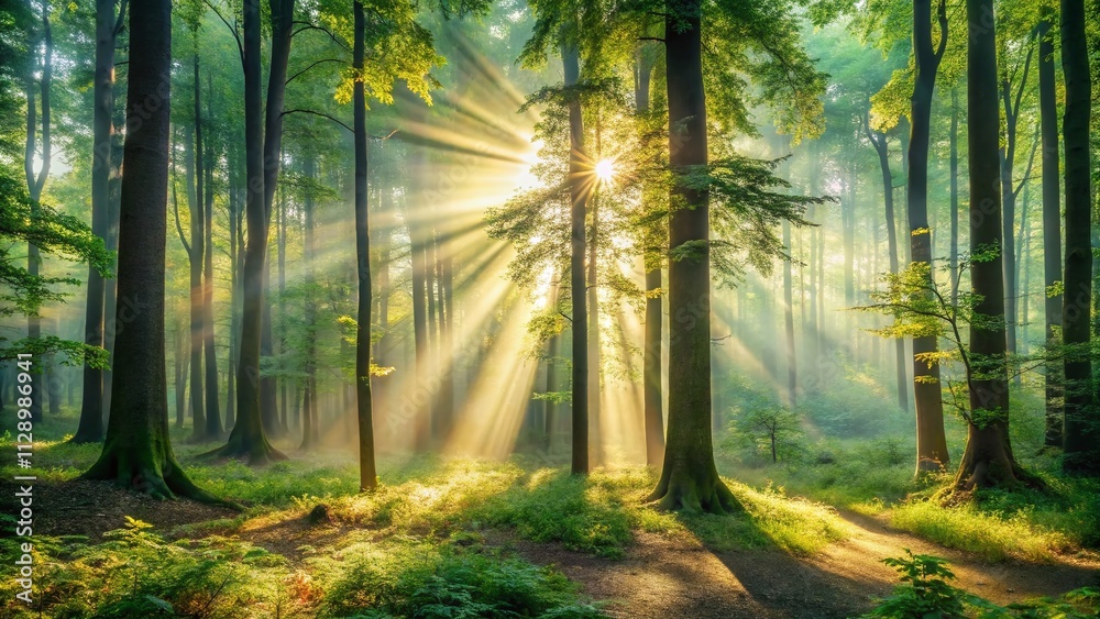 Obraz premium Enchanting Forest at Dawn with Sunlight Rays Piercing Through Trees Creating a Magical Atmosphere in Nature's Beauty
