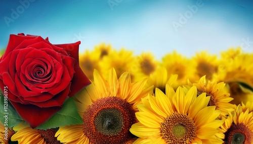 red roses and sunflowers on background
