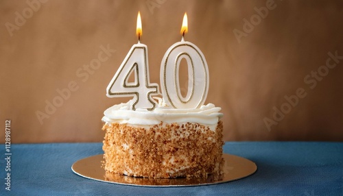 fortieth birthday cake with white icing and lit candles in shape of 40 bright background