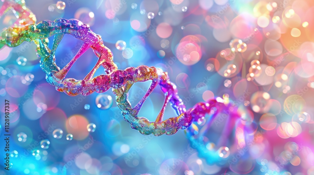 Elegant spiral of rainbow DNA double helix with light bokeh and bubbles, creating a serene blue scene Elegant spiral of rainbow DNA double helix with light bokeh and bubbles, creating a serene blue scene