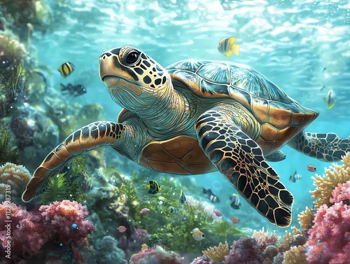 A vibrant underwater scene featuring a sea turtle swimming among colorful coral and fish. photo