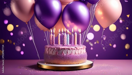 birthday cake with balloons and purple background