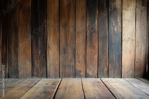 Dark brown rustic wooden wall and floor background texture.