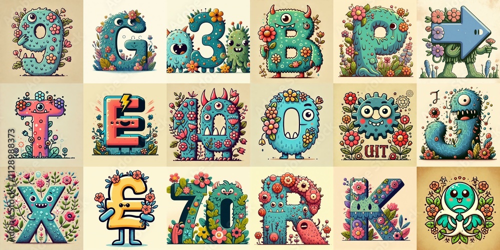 Naklejka premium Cartoon Flowers Monster Lettering Typeface. AI generated illustration