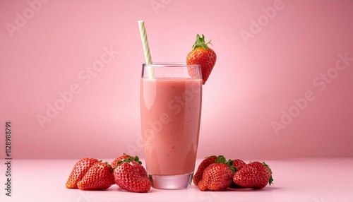 glass of strawberry smoothie on pink background