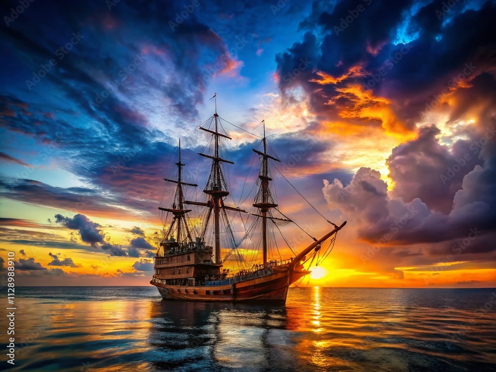 Fototapeta premium Enchanting Low Light Photography of an Antique Pirate Ship on the Ocean - A Nautical Galleon Captured in Vintage Maritime Style at Dusk with Dramatic Shadows and Serene Waves