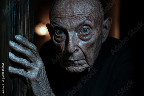 Pale bald elderly man with skeletal fingers gripping a door, dim light glowing behind him, eerie and unsettling expression, medium close-up perspective 3