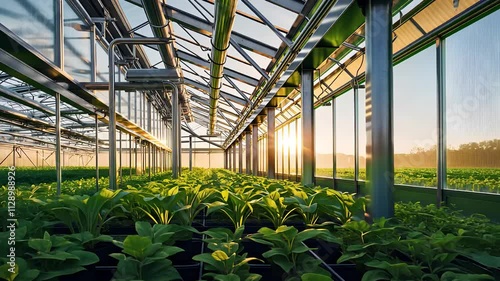 Modern Greenhouse with Lush Green Plants and Natural Sunlight for Sustainable Agriculture

 photo