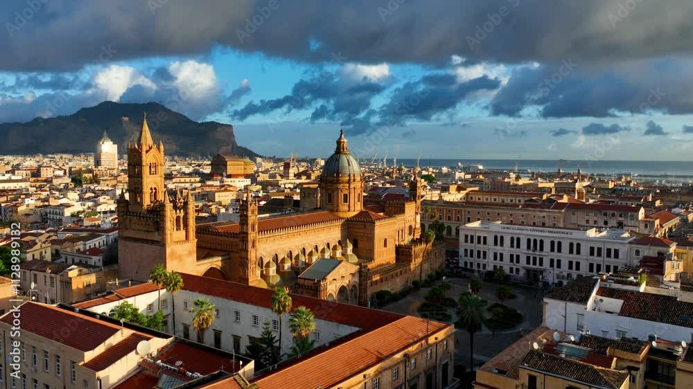 flying above Palermo old town, drone view of Palermo cathedral, Palermo is capital of Sicily in southern Italy, travel in Sicily. High quality 4k footage flying above Palermo old town, drone view of Palermo cathedral, Palermo is capital of Sicily in southern Italy, travel in Sicily. High quality 4k footage