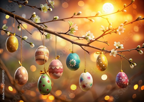 Enchanting Low Light Photography of Colorful Easter Eggs Hanging on a Branch Amidst a Softly Lit Spring Background, Perfect for Celebrating the Joy of Easter and Nature's Beauty