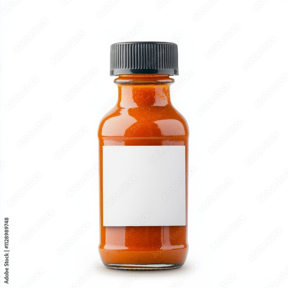 Obraz premium Mini BBQ sauce bottle with a blank white label, Blank label, perfect for sample-sized or gift packaging