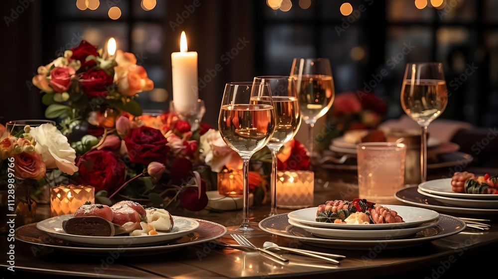 Romantic dinner table setting with candles, flowers, wine, and gourmet food. Romantic dinner table setting with candles, flowers, wine, and gourmet food.