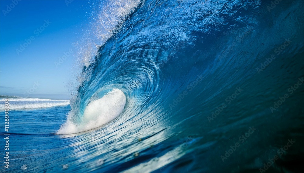 close up beautiful deep blue tube wave in the pacific curls on a sunny day close up beautiful deep blue tube wave in the pacific curls on a sunny day