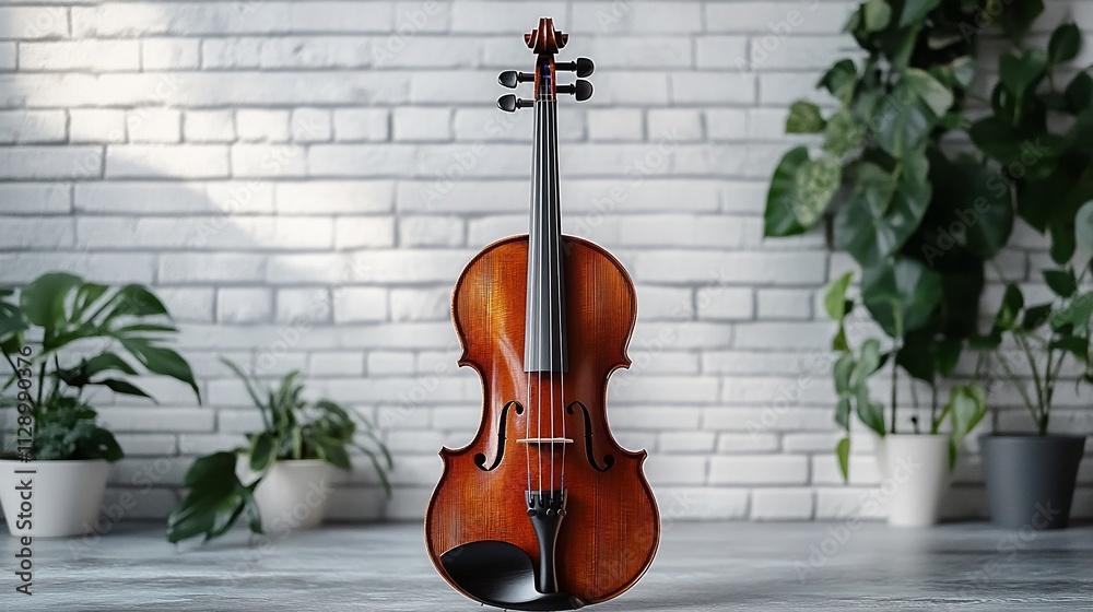 Fototapeta premium Violin against brick wall with plants.