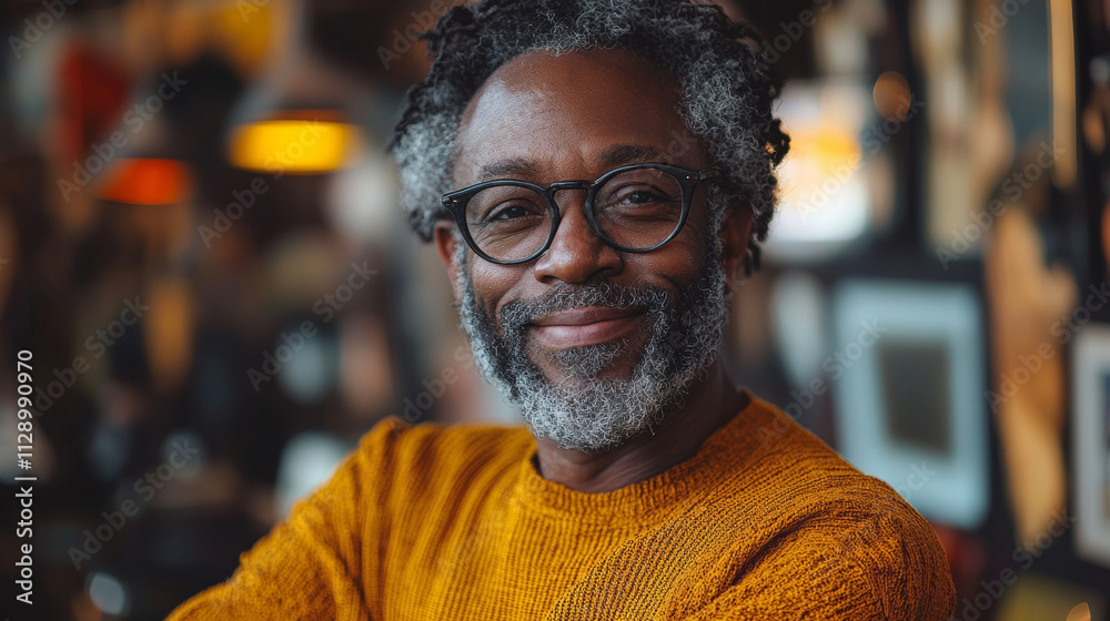 Confident man wearing glasses in cozy cafe setting with warm lighting Confident man wearing glasses in cozy cafe setting with warm lighting