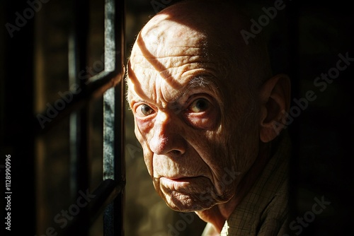 Bald elderly man with sunken cheeks and hollow eyes, skeletal frame, backlit in eerie light, peering through a slightly open door, intense shadows, close-up view 4 photo