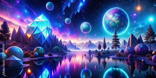 Enchanting Night Photography of an Abstract Fantasy Landscape Featuring Geometric Shapes, Celestial Bodies, and Illuminated Planets Under a Starry Sky