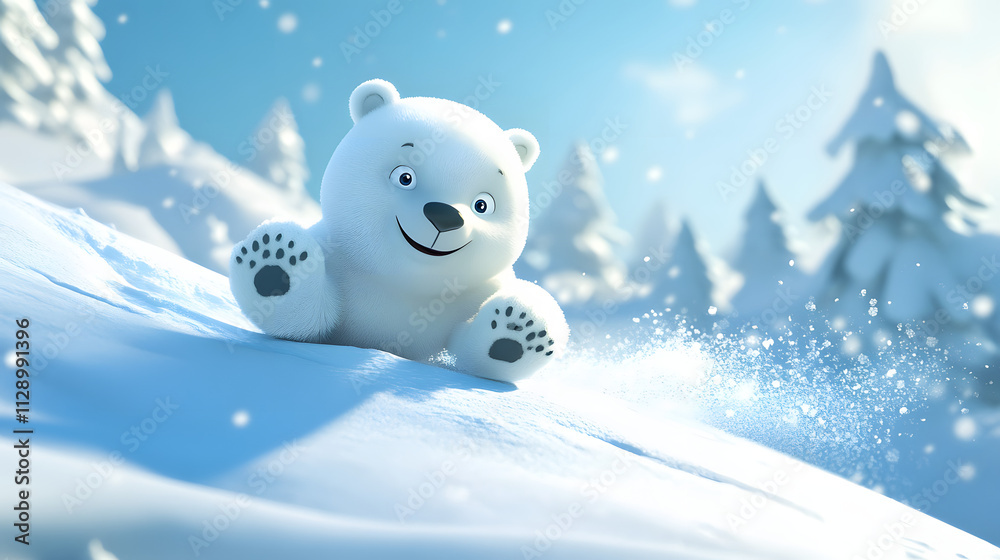 A cheerful 3D cartoon polar bear sliding down an icy slope in a snowy landscape. A cheerful 3D cartoon polar bear sliding down an icy slope in a snowy landscape.