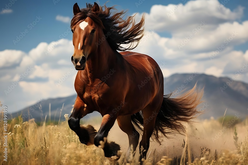 Majestic brown horse galloping across a sun-drenched field, windswept mane and tail, mountains in the background.