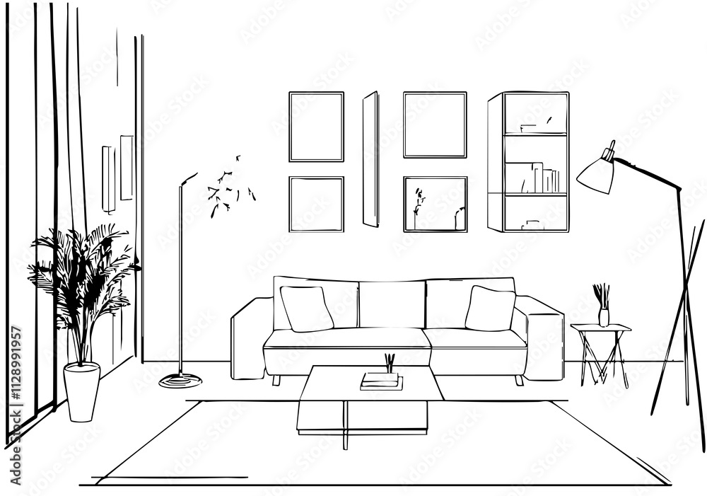 Living room line. Modern interior and furniture Living room line. Modern interior and furniture
