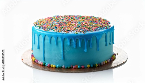 birthday cake with a blue ganache drip and colorful sprinkles isolated on a white background