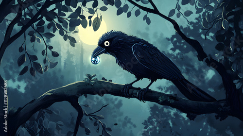 A clever cartoon crow holding a shiny object in its beak on a tree branch.