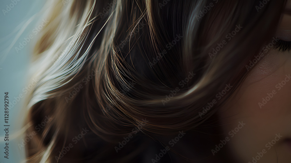 A close-up of flowing wavy brunette hair shining under soft natural light. A close-up of flowing wavy brunette hair shining under soft natural light.
