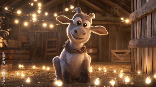 A clumsy 3D cartoon goat tangled in a string of glowing fairy lights in a rustic barn setting.