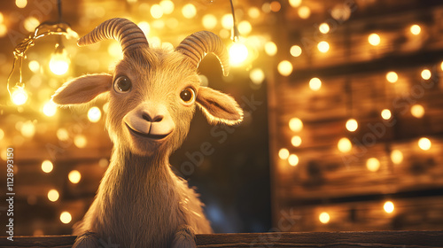 A clumsy 3D cartoon goat tangled in a string of glowing fairy lights in a rustic barn setting.