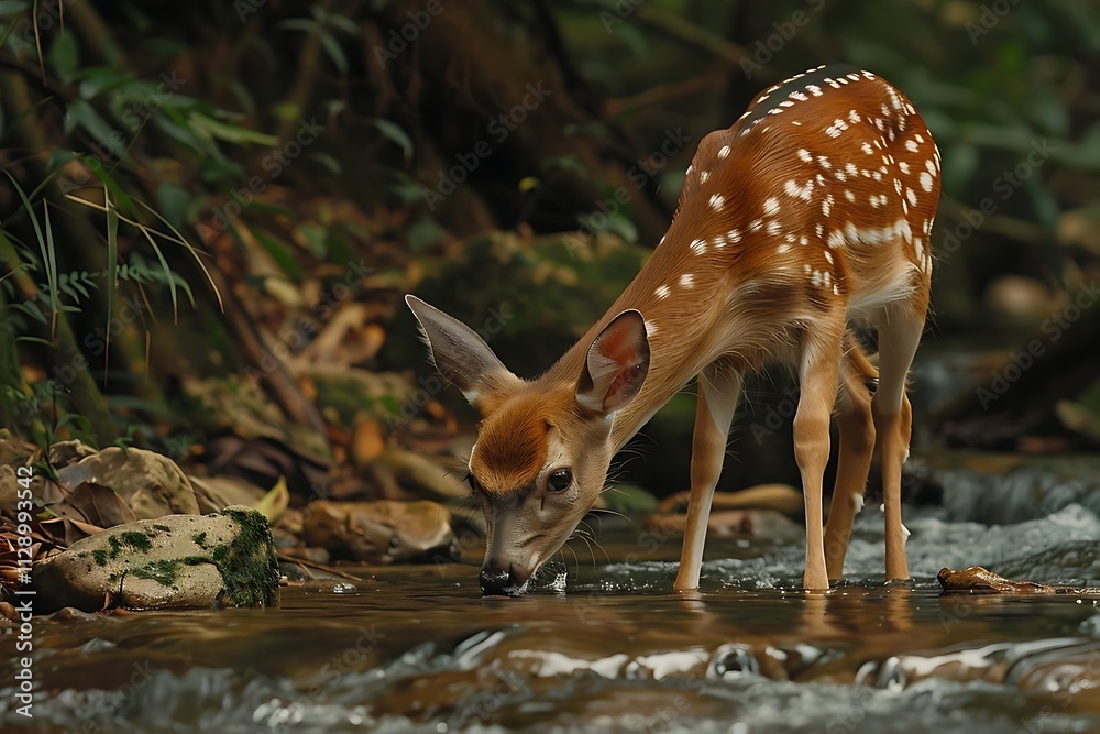 White-tailed deer fawn drinking from a forest stream. White-tailed deer fawn drinking from a forest stream.