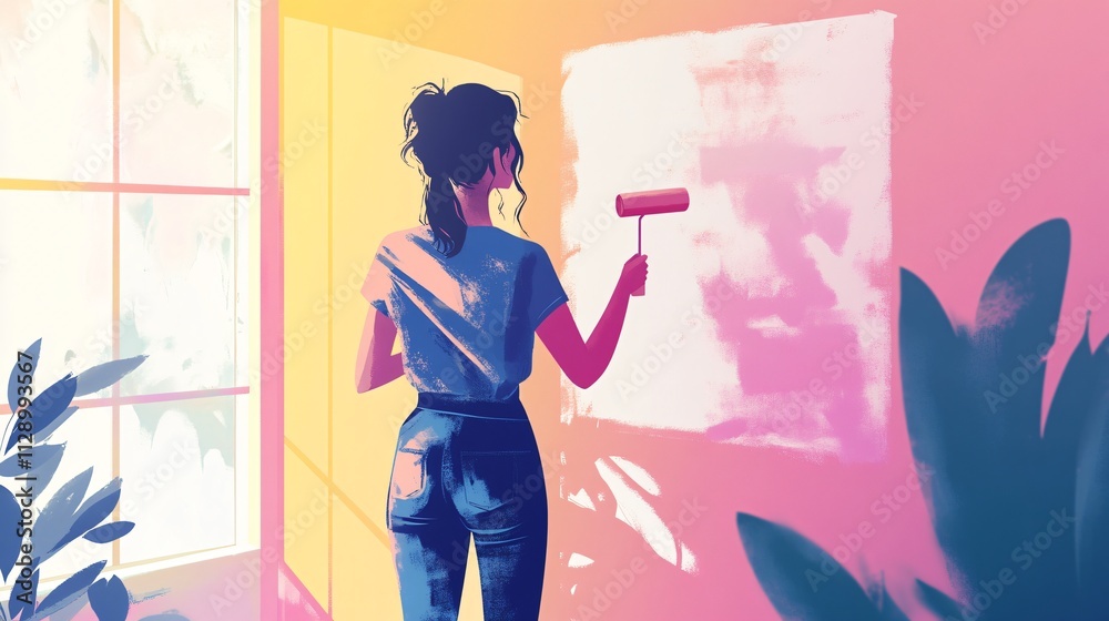 Professional woman painting a wall with color using a paint roller Professional woman painting a wall with color using a paint roller